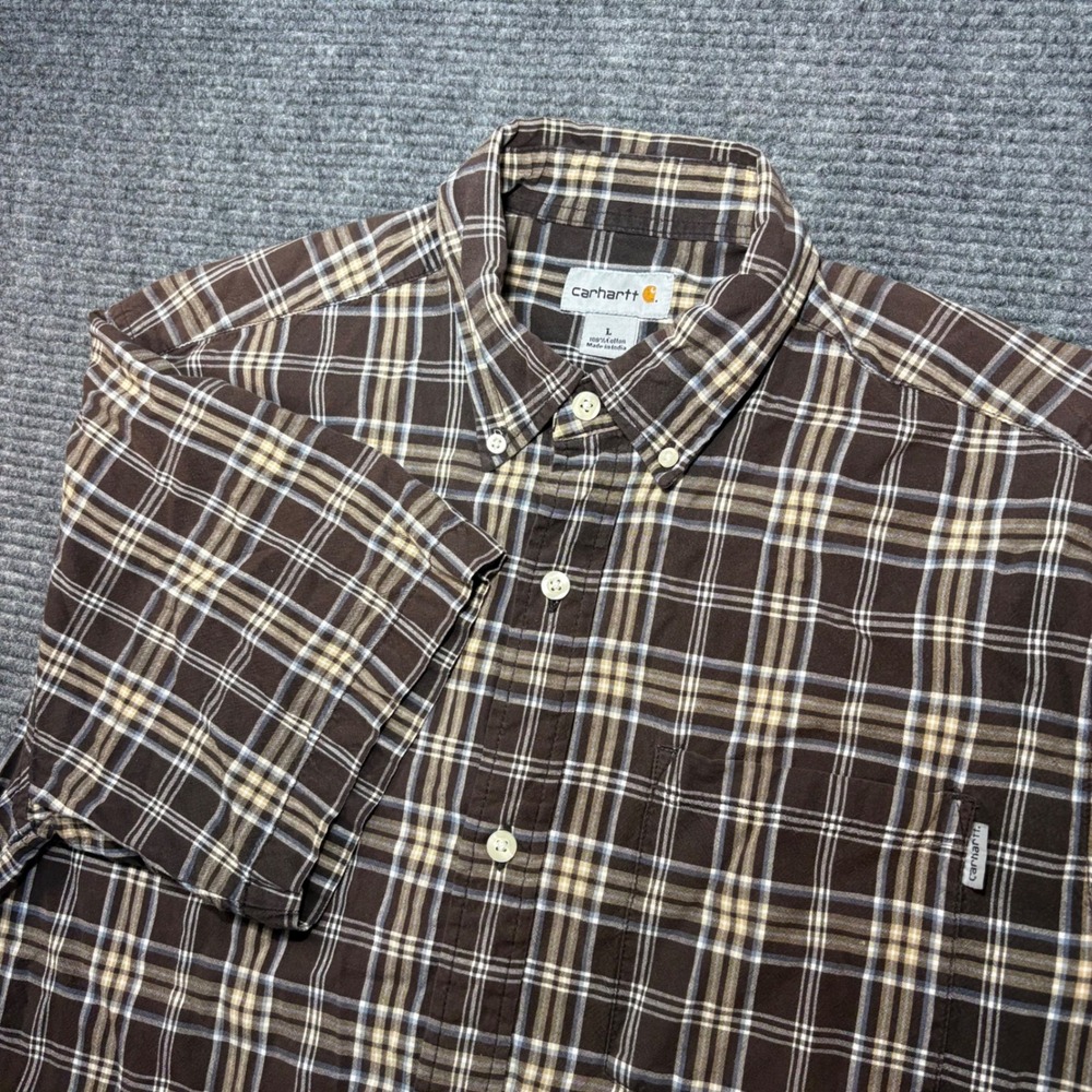 Carhartt Mens Brown Plaid Short Sleeve Button Down Shirt Cotton Large Workwear
